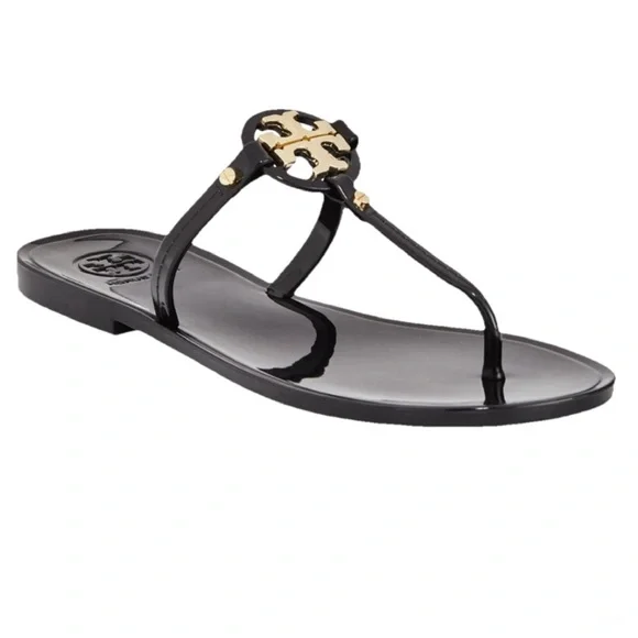 NIB! Sz 9 Tory Burch Mini Miller Thong Sandals in Black/Gold w/Toe Pad - Picture 2 of 12